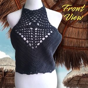 Handmade Crochet Backless Navy Crop Halter Top